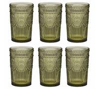 Drinking Glasses Set of 6 Mix and Match Assorted Wine Glasses, Highballs & Tumblers Dishwasher Safe Emerald Green Glassware Set with Mandala Embossed Design (Highball Tumblers)