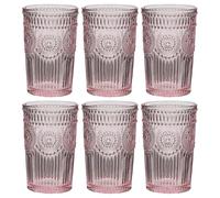Drinking Glasses Set of 6 - Mix and Match Pink Glassware Set (Highballs) | Dishwasher Safe, Pastel Pink, Mandala Embossed, Vintage Style, Glassware Set, Tumbler Glasses, Highball Tumblers