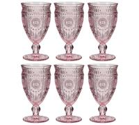 Drinking Glasses Set of 6 - Mix and Match Pink Glassware Set (Wine Goblets) | Dishwasher Safe, Pastel Pink, Mandala Embossed, Vintage Style, Glassware Set, Wine Glasses