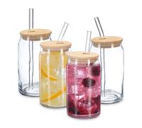 Drinking Glasses Smoothie Cups Iced Coffee Tumbler Bamboo Lid Straw Set of 4