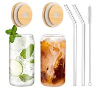 Drinking Glasses with Bamboo Lids and Glass Straw 2pcs Set, 16oz Can Shaped Glass Cups, Beer Glasses, Iced Coffee Glasses, Soda, Gift 1 Cleaning Brushes