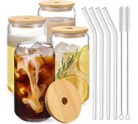 Drinking Glasses with Bamboo Lids and Glass Straw 4pcs Set - 16oz Can Shaped Glass Cups, Beer Glasses, Iced Coffee Glasses, Cute Tumbler Cup, Ideal for Cocktail, Whiskey, Gift - 2 Cleaning Brushes