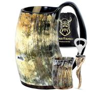 Drinking Horn Mug 16-20 oz - Gifts for Men, Dad, Husband - Unique Viking Gift - Handmade Authentic Ox Horn Cup with Shot Glass & Opener - for Beer, Ale, Mead - Natural Polished (Plain) (Plain)