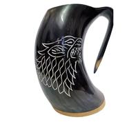 Drinking Horn Mug with Wooden Base | 500ml - 600ml Capacity | Ox Horn Tankard | Low Polished Finish | Original Genuine Ox Horn | Beer Tumbler | Drinking Vessel ( Dire Wolf, Fenrir Carved).