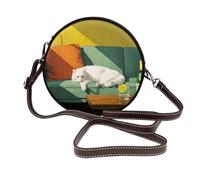 Drinking White Cat Lying On The Couch Aesthetic Women Round Crossbody Bags Leather Sling Bag Purse