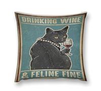 Drinking Wine Feline Fine Double-Sided Pillowcase | Short Plush Ultra Soft Cozy Decorative Throw Pillow Cover | Style 24x24in(60x60cm) | for Sofa, Bedroom & Living Room