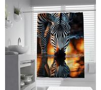 Drinking Zebra Bathroom Curtains W100xL180cm Wildlife River Reflection Golden Sunset Ripples Art Water-Repellent Machine Washable Polyester Fabric Bath Shower Curtain for Wet Room with Hooks