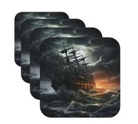 Drinks Coasters Leather Coasters Set Scary Ship at Sea Coffee Cup Mat for Drinks Heat Resistant Tabletop Protection Cup Mat Bar Coasters Cup Coasters for Coffee Table Kitchen Bar