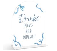 Drinks Please Help Yourself Sign - Blue Bow Baby Shower Sign, 1 Pack Arch Acrylic Sign with Stand, Gender Reveal Party Table Decor, Blue Baby Shower Supplies (SP10)