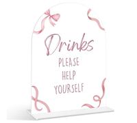Drinks Please Help Yourself Sign - Pink Bow Baby Shower Sign, 1 Pack Arch Acrylic Sign with Stand, Gender Reveal Party Table Decor, Pink Baby Shower Supplies (SP03)