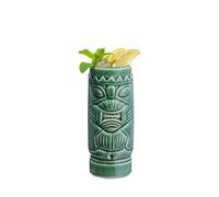 Drinkstuff Ceramic Green Tiki Mugs Set of 2 - Hand-Painted 300ml Cocktail Cups in Gift Box, Hawaiian Tiki Bar Glasses for Pina Coladas & Tropical Drinks