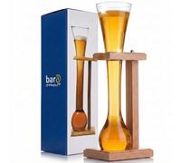 Drinkstuff Glass Half Yard of Ale with Stand - 700ml Yard Glass holds 1.2 Pints, Birch Wood Stand, Gift-Boxed Novelty Half Yard Glass for Parties, Gifting & Drinking Challenges