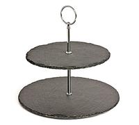 drinkstuff Slate 2 Tier Luxury Cake Stand - Two Tiered Slate Cupcake Plates with Metal Support and Carry Handle