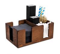 Drinkstuff Wooden Bar Caddy Napkin Holder - Premium Home Bar & Coffee Station Organizer, Cocktail Straw Holder & Condiment Caddy, Stylish Bar Accessories for Bars & Entertaining