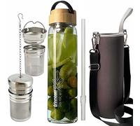 drinmoaer 1L Borosilicate Glass Water Bottle with Bamboo Lid and 2 Tea Infuser Sets for Fruit Infused Water and Cold Brew Coffee - Glass Travel Tumbler with Strainer for Loose Leaf Tea (Original)