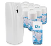 DripDropDry Complete Set - Automatic Air Freshener & 12 Fresh Linen Aerosol Refill Cans - Commercial Toilet (White)