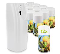 DripDropDry Complete Starter Set - Automatic Air Freshener & 12 Lemon Aerosol Refill Cans - Commercial Toilet (White)
