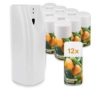 DripDropDry Complete Starter Set - Automatic Air Freshener & 12 Mandarin Aerosol Refill Cans - Commercial Toilet (White)