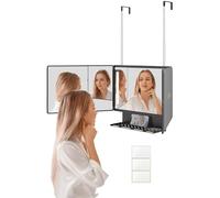 Dripex 3 Way Mirror with Storage Shelf and 3 Color LED Lights, Rechargeable Trifold Self Haircut 360° Mirror with Height Adjustable Hooks for Makeup, Styling, Shaving, Braiding, Dye Hair (Black)