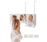 Dripex 3 Way Mirror with Storage Shelf and 3 Color LED Lights, Rechargeable Trifold Self Haircut 360° Mirror with Height Adjustable Hooks, for Makeup, Styling, Shaving, Braiding, Dye Hair (White)