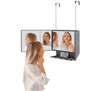 Dripex 3 Way Mirror with Storage Shelf, Trifold Self Haircut 360° Barber Mirror with Height Adjustable Hooks for Makeup, Styling, Shaving, Braiding, Dye Hair