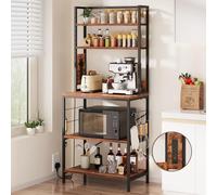 Dripex Bakers Rack with Power Outlet, 5-Tiers Coffee Bar Station Microwave Stand with 6 S Hooks, Industrial Kitchen Storage Shelf Rack for Spices, Pots and Pans