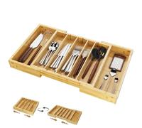 Dripex Bamboo Cutlery Tray, Expandable Drawer Countertop Tray, 4 Adjustable Dividers, 5-7 Compartments, Utensils, Coffee Pods Organiser