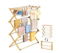Dripex Clothes Airer, Foldable Clothes Drying Rack, Bamboo Laundry Drying Rack, Freestanding Towels Hanger, Space-Saving, Tool-Free Assembly