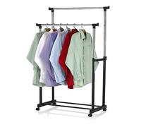 Dripex Clothes Rail, Double Adjustable Height Mobile Tidy Rack Garment Rack Heavy Duty Clothing Rail on Castor Wheels,with Hanging Rail and Shoe Shelf, Black
