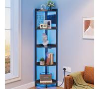 Dripex Corner Shelf with Power Outlets & Strip Lights, 5 Tiers 67" Tall Black Corner Bookshelf Corner Plant Stand Storage Shelving Unit for Living