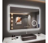 Dripex LED Bathroom Mirror with Shaver Socket Magnifying and Clock, 700 * 1000 MM Dimmable 3 Colors Illuminated Backlit Wall Mounted Bathroom Mirrors Anti-fog Vanity Mirror, Horizontal Only