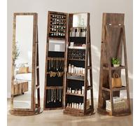 Dripex Rustic Brown Jewelry Organiser Mirror Wardrobe, 360° Swivel Jewelry Storage Wardrobe, Lockable, 3 in 1 Free Standing Mirror with Storage Shelves