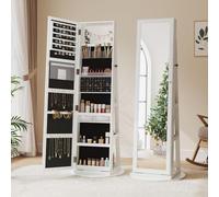 Dripex White Jewelry Organiser Mirror Wardrobe, 360° Swivel Jewelry Storage, Lockable, 3 in 1 Free Standing Mirror with Storage Shelves