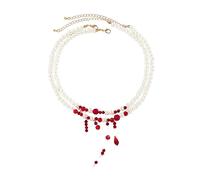 Dripping Blood Imitation Pearls Halloween Party Choker Necklace Party Costume Gothic Style Blood Stained Pearls Creative Halloween Blood Drops Tassel Choker Necklace Bulk Necklace (B, One Size)