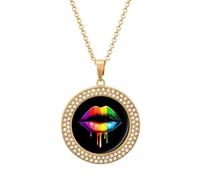Dripping LGBT Gay Rainbow Colored Lip Women's Custom Pendant Necklace Round Diamond Necklaces Jewelry Gifts for Men Birthday