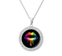 Dripping LGBT Gay Rainbow Colored Lip Women's Custom Pendant Necklace Round Diamond Necklaces Jewelry Gifts for Men Birthday