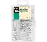 Dritz Safety Pins with Plastic Storage Box, Assorted-100 Count, Nickel Plated Steel & Brass, Assorted Sizes