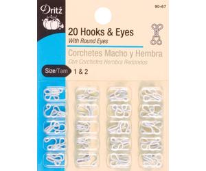 Dritz White Sew On Size 1 & 2 Hook & Eye Closures (20 Hooks, 20 Round Eyes)