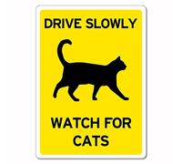 Drive Slowly Watch For Cats Sign Animal Signs Cat Warning Sign Bathroom Decor Poster Novelty Wall Sticker Vintage Wall Decoration For Bar Pub Garage Kitchen S