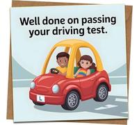 Driving Test Congratulations Card - “Well Done on Passing Your Driving Test” - Cute Red Car with L Plate - 145mm x 145mm Square - Kraft Envelope Included
