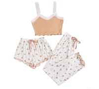 Drivstraw Floral Print Sleepwear Set Women 3-Pcs Lace Shorts Long Floral | Complete 3-piece set includes lace camisole, short pants, and long pants for versatile year-round comfort