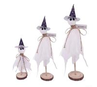 Drivstraw Halloween Wooden Decoration Set Spooky Tabletop Display White Eerie Apparitions with Hats Reusable Three Sizes 25cm 20cm 15cm for Home Party Mantel Tray Layered Arrangement