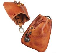 Drivstraw Leather Drawstring Pouch for Keys and Cards - Mini Vintage Coin Purse with Key For Ring Loop, First-Layer Cowhide Organizer Bag for Everyday Carry, Travel, and(brown)