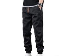 Drivstraw Men's Cargo Pants Loose Fit Elastic Waist Drawstring Solid Color Pockets Bundle Foot Trousers Casual Summer Plus Size Sweatpants for All-Season Wear(XXL Black)