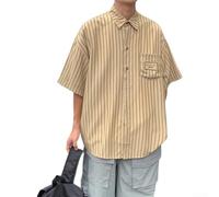 Drivstraw Men's Oversized Short Sleeve Button Down Shirt Casual Loose Fit Striped Work Jacket Top for Spring Summer Daily Wear Khaki Green Available Sizes M to 2XL(XL Khaki)