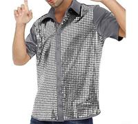 Drivstraw Men's Sequin Formal Shirt Short Sleeve Button Down Party | Eye-catching sequin buckle design, perfect for parties, clubs, and holiday celebrations