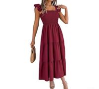 Drivstraw Women Solid Square Neck,Ruffle Shoulder Ruched Waist A-Line Maxi Dress, for Vacation Holiday Beach,Spring Summer Autumn Winter(S Burgundy)