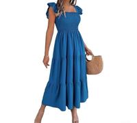 Drivstraw Women Solid Square Neck,Ruffle Shoulder Ruched Waist A-Line Maxi Dress, for Vacation Holiday Beach,Spring Summer Autumn Winter(S Blue)