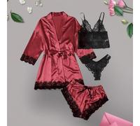Drivstraw Women's 4-Piece Lace Pajama Set Sleeveless Vest Shorts Summer | 4-piece set includes vest, shorts, underpants, and coat for versatile layering options