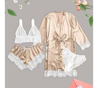 Drivstraw Women's 4-Piece Lace Pajama Set Sleeveless Vest Shorts Summer | 4-piece set includes vest, shorts, underpants, and coat for versatile layering options